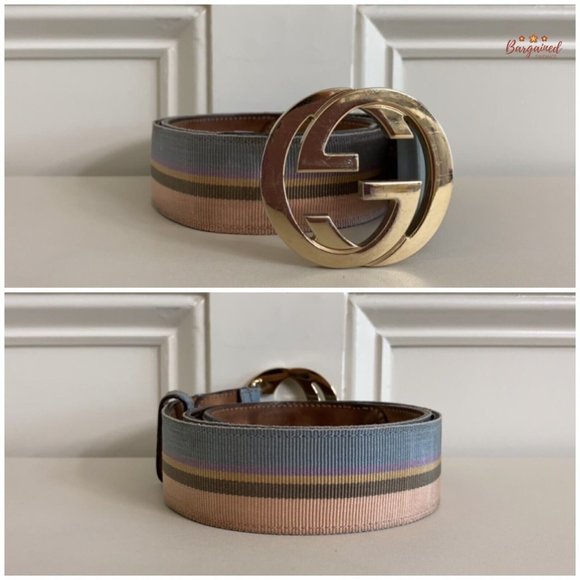 Authentic Gucci Multi Web Canvas Leather Gold Interlocking G Buckle Belt 85/34 - Picture 4 of 13
